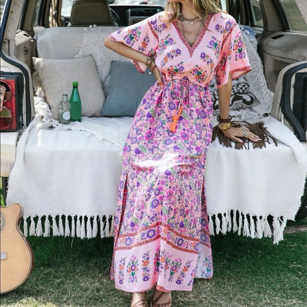 Bohemian Floral print split thigh draw string waist dress - Picture 5 of 7